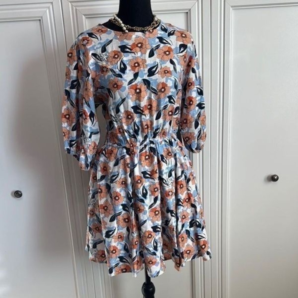 MELLODAY Pink and Blue Puff Sleeve Mini Sundress